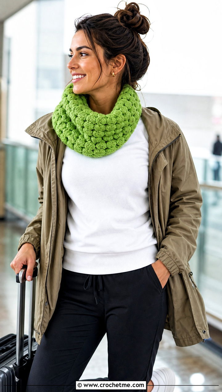 Puff Stitch Crochet Cowl With Utility Jacket And Joggers - 35 crochet neck warmer cowls outfit ideas