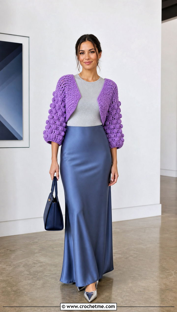 Puff Stitch Crochet Crop Shrug With Column Skirt - 25 Crochet Crop Shrug outfit ideas