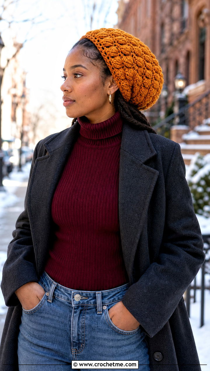 Puff Stitch Crochet Dreadlock Slouch Hat With Wool Coat And Jeans - 25 Crochet Dreadlock Hat outfit ideas