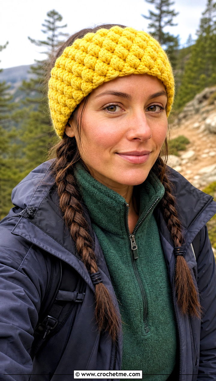 Puff Stitch Crochet Ear Headband With Fleece And Technical Pants - 30 crochet ear headband outfit ideas
