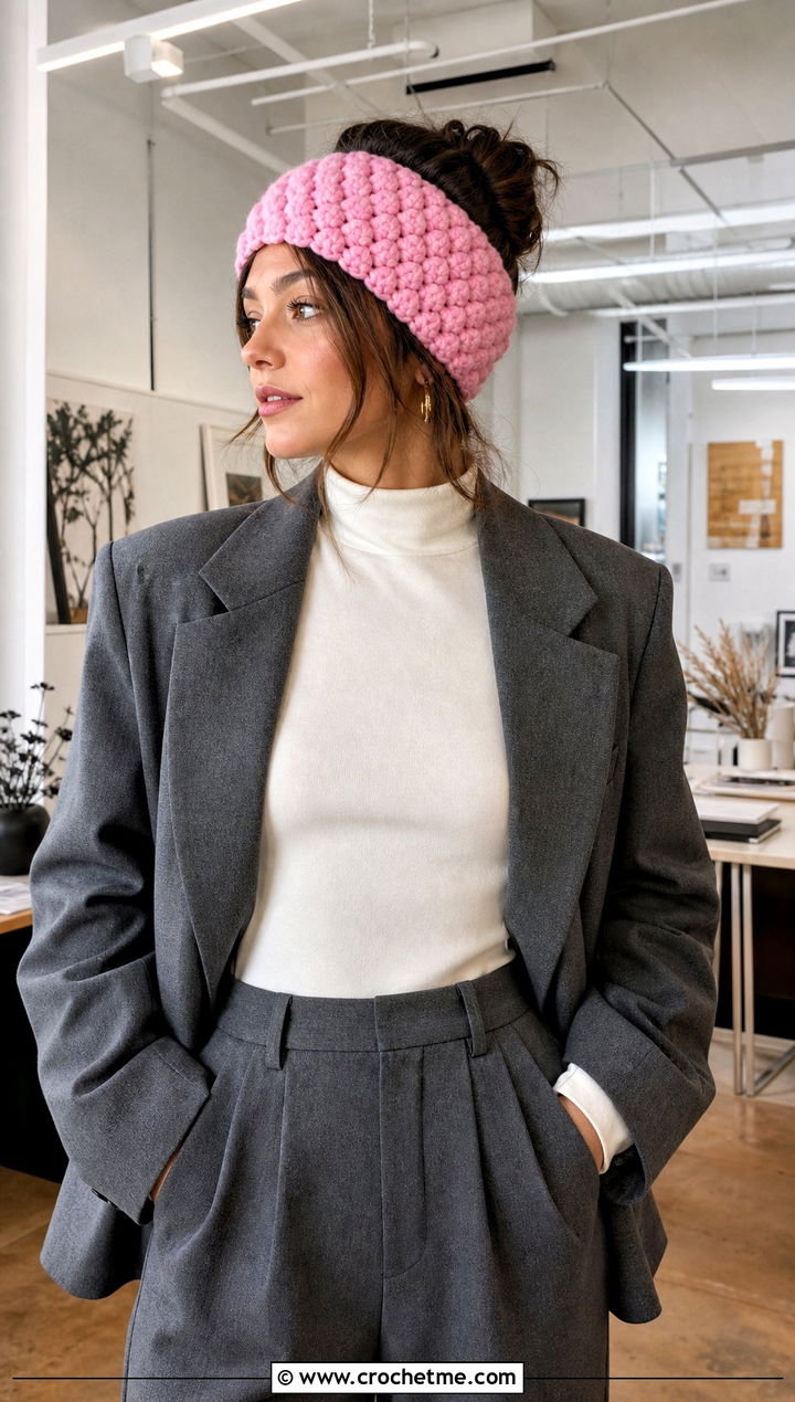 Puff Stitch Crochet Ear Warmer With Blazer and Wide Leg Pants - 25 Simple Crochet Ear Warmer outfit ideas