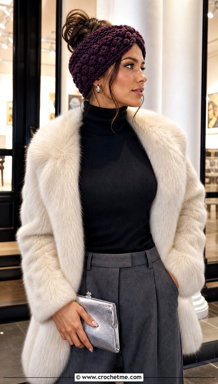 Puff Stitch Crochet Ear Warmer With Faux Fur Coat - 20 Crochet Headband Ear Warmers outfit ideas