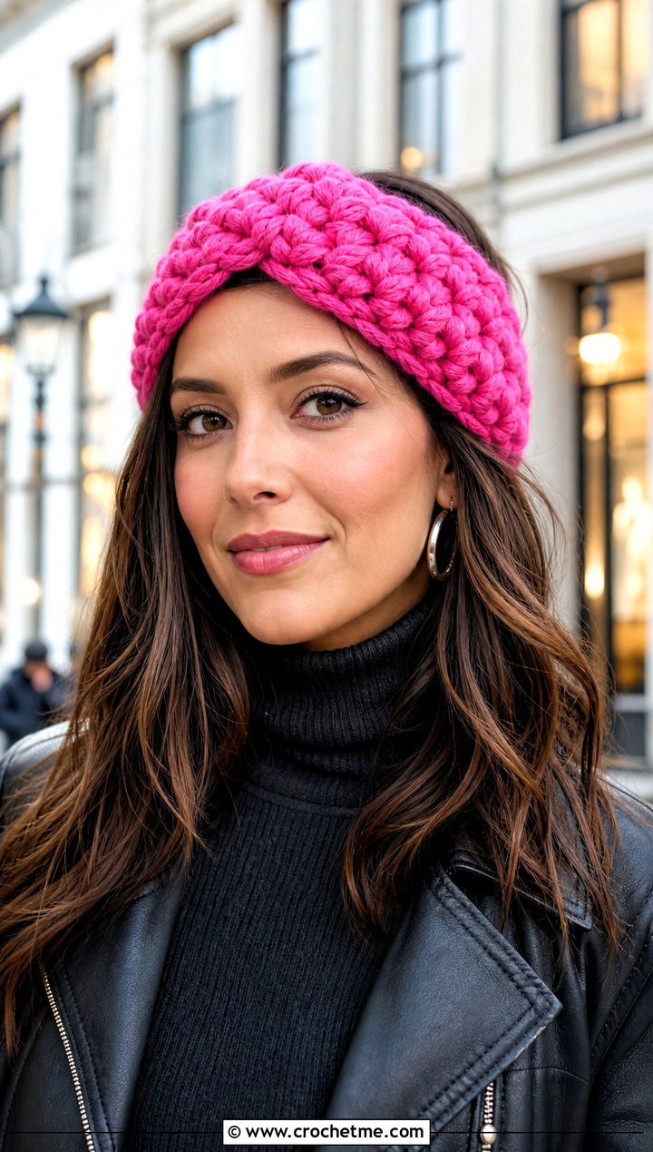 Puff Stitch Crochet Ear Warmer With Leather Jacket - 25 Quick Crochet Ear Warmer outfit ideas