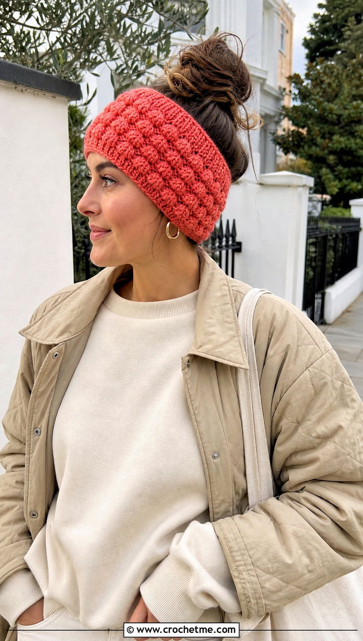 Puff Stitch Crochet Ear Warmer With Sweatshirt - 25 Beginner Crochet Ear Warmer outfit ideas