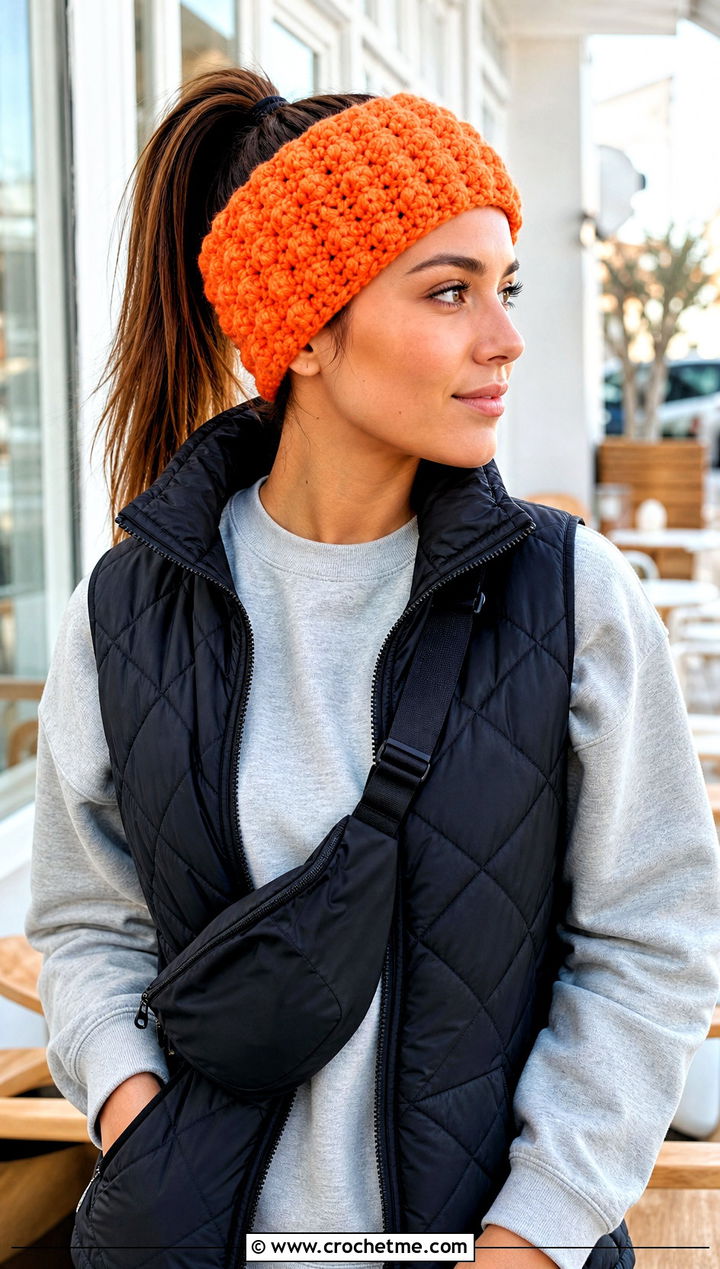 Puff Stitch Crochet Ear Wrap With Matching Sweats - 20 crochet ear wrap outfit ideas