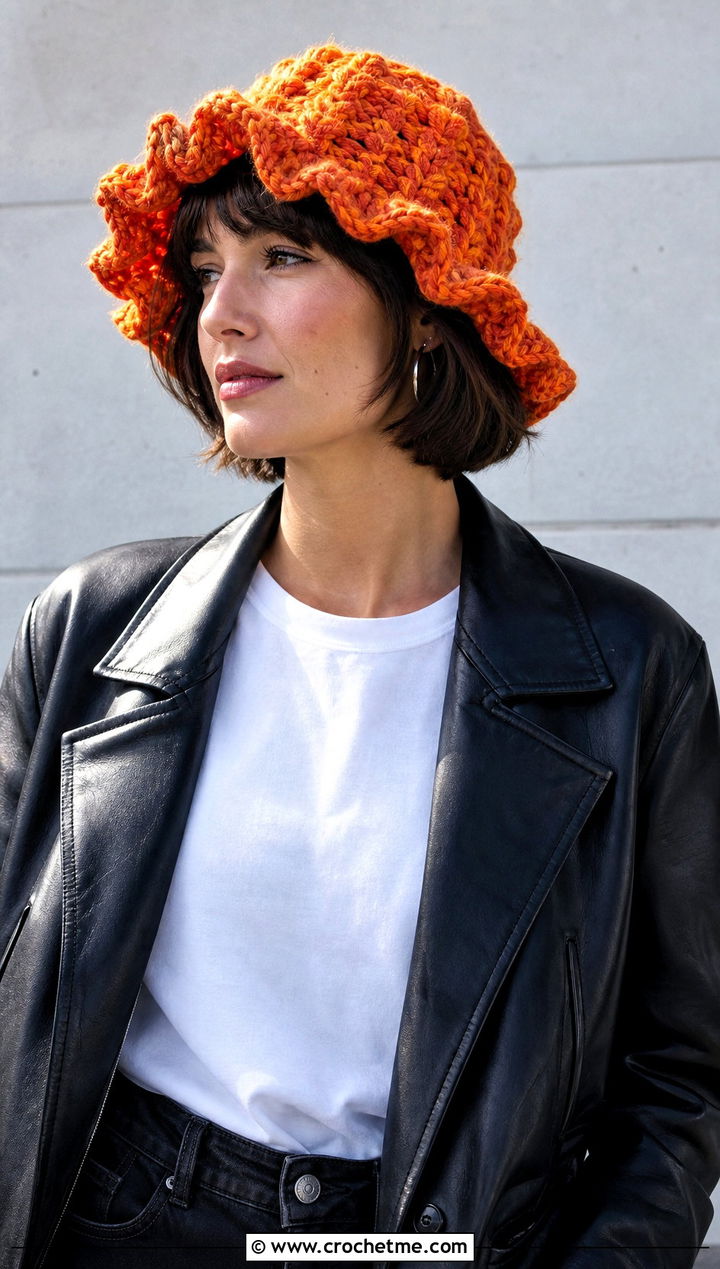 Puff Stitch Crochet Easter Bonnet With Leather Jacket - 20 crochet easter bonnet outfit ideas