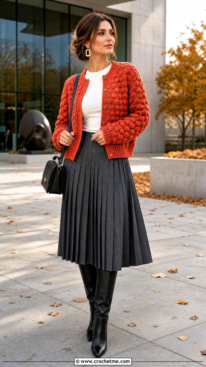 Puff Stitch Crochet Fall Cardigan With Pleated Midi Skirt - 35 crochet fall cardigan outfit ideas