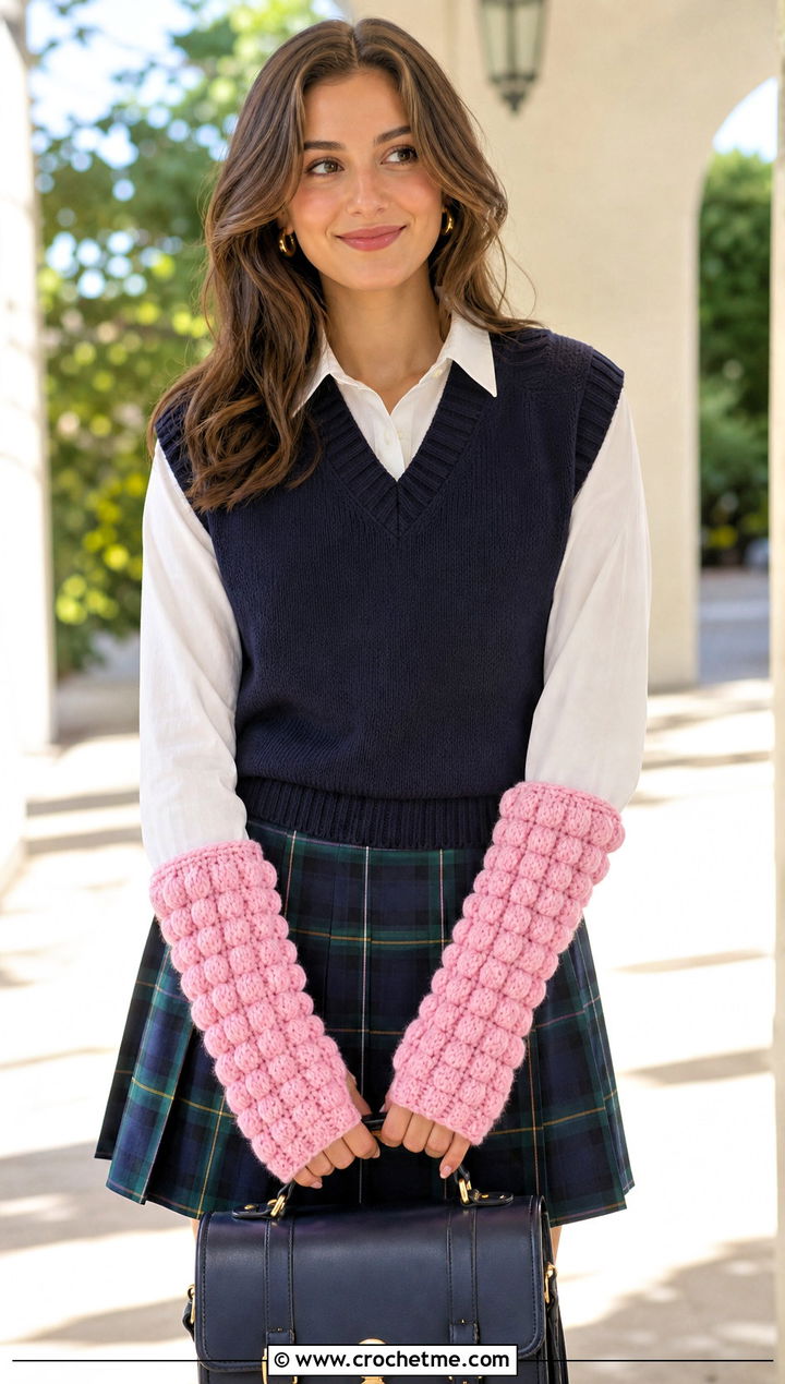 Puff Stitch Crochet Fingerless Arm Warmers With Sweater Vest And Plaid Skirt - 15 Crochet Fingerless Arm Warmers outfit ideas