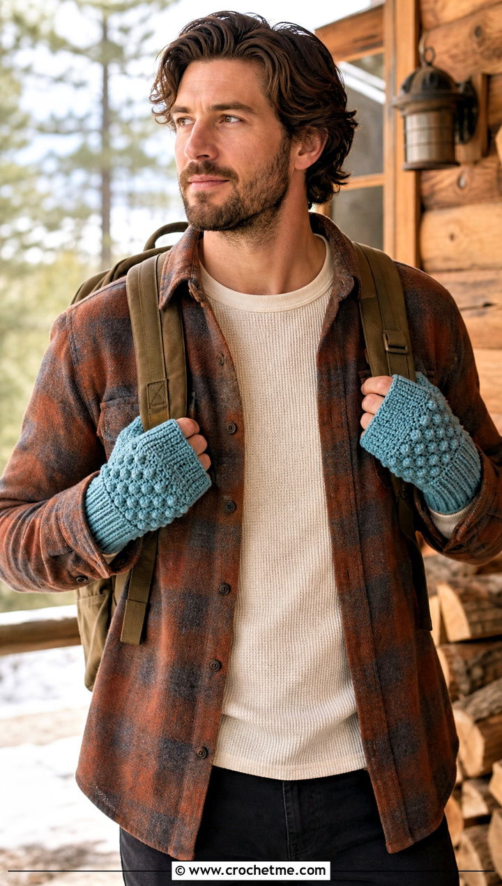 Puff Stitch Crochet Fingerless Gloves With Flannel Shirt - 25 Crochet Mens Gloves outfit ideas