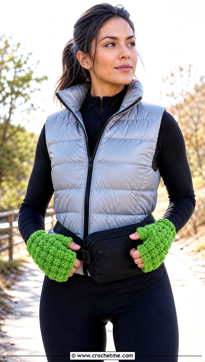 Puff Stitch Crochet Fingerless Gloves With Puffer Vest - 15 crochet finger gloves outfit ideas