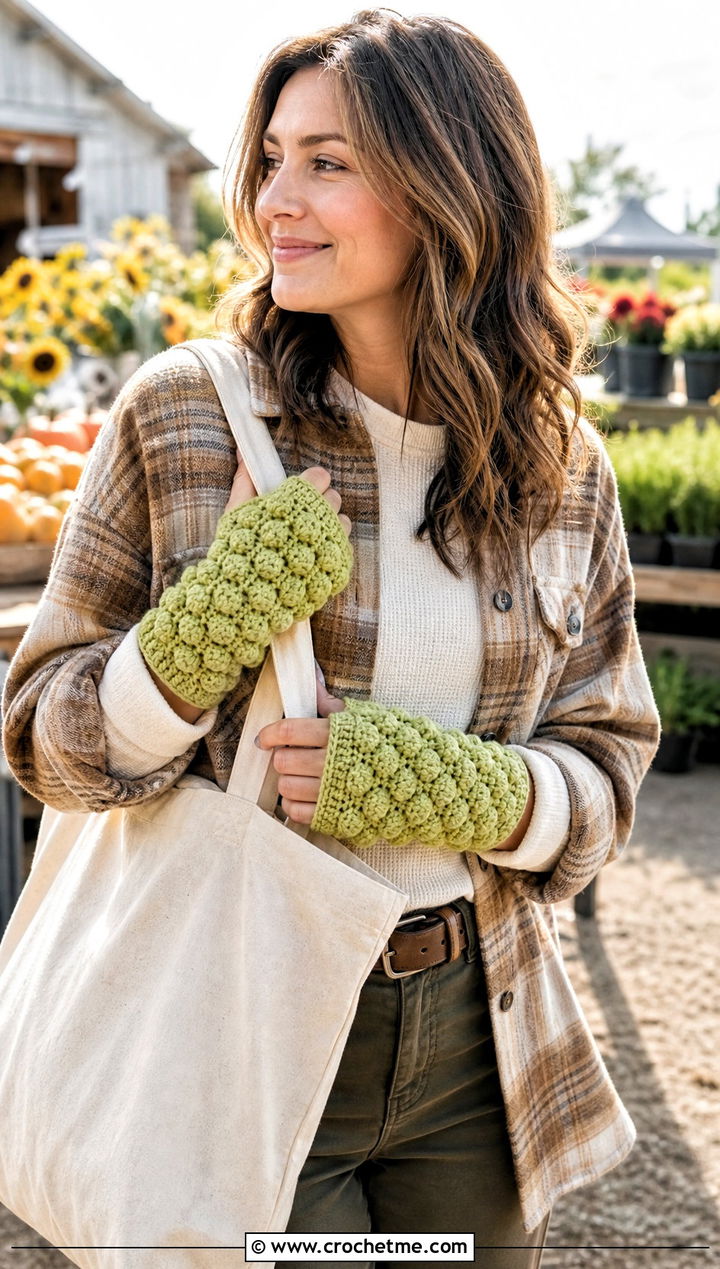 Puff Stitch Crochet Fingerless Gloves With Shacket - 25 finger less crochet gloves outfit ideas