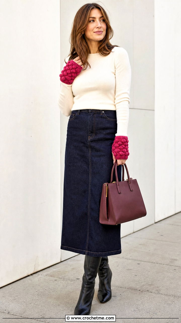 Puff Stitch Crochet Fingerless Gloves With Sweater And Column Skirt - 35 crochet fingerless gloves outfit ideas