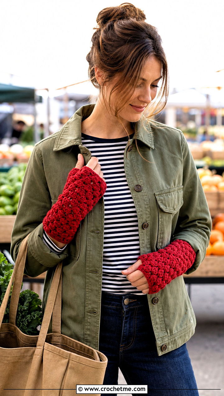 Puff Stitch Crochet Fingerless Gloves With Utility Jacket And Jeans - 25 Simple Crochet Fingerless Gloves outfit ideas