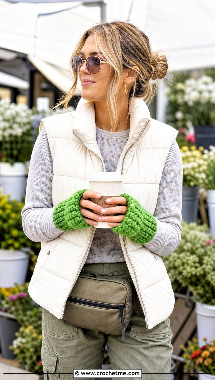 Puff Stitch Crochet Fingerless Mittens With Puffer Vest - 25 crochet fingerless mittens outfit ideas