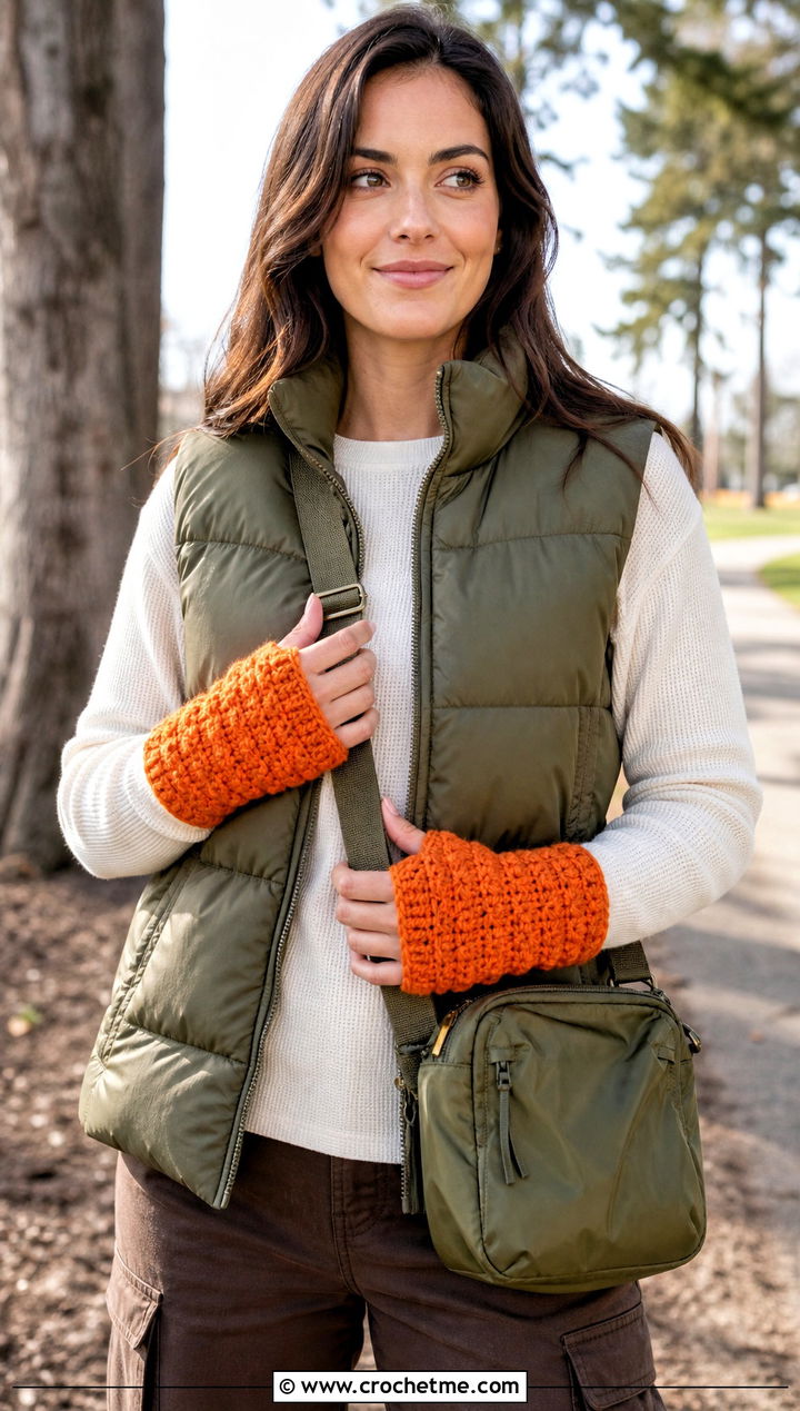 Puff Stitch Crochet Fingerless Mitts With Puffer Vest - 25 Crochet Fingerless Mitts outfit ideas