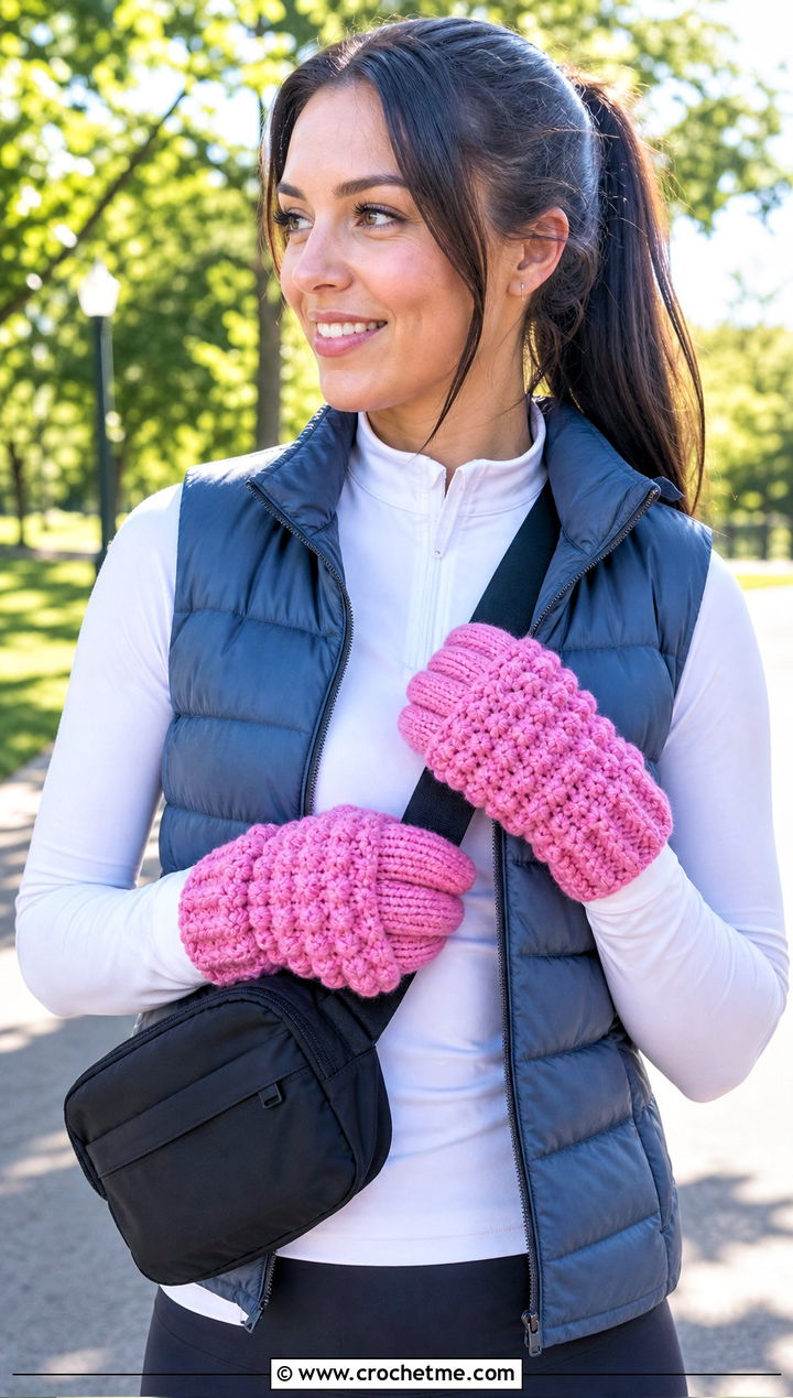 Puff Stitch Crochet Gloves With Puffer Vest - 35 crochet gloves fingers outfit ideas