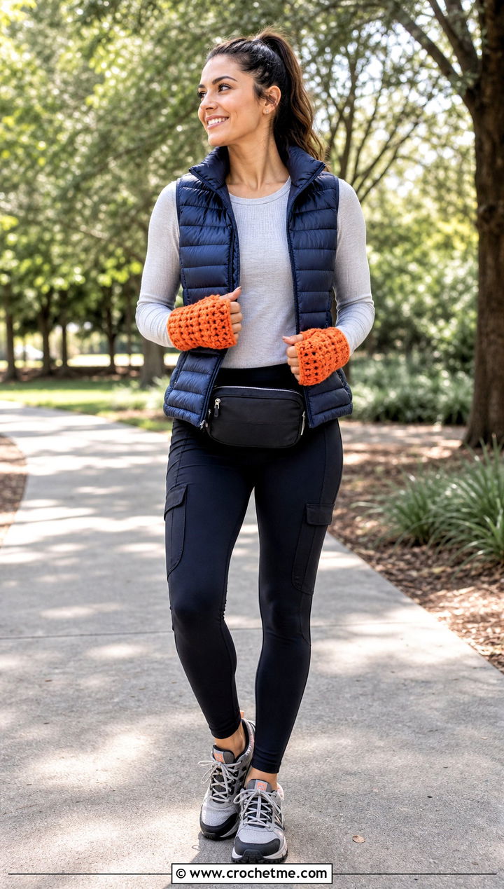 Puff Stitch Crochet Hand Warmers With Puffer Vest - 35 crochet hand warmer outfit ideas
