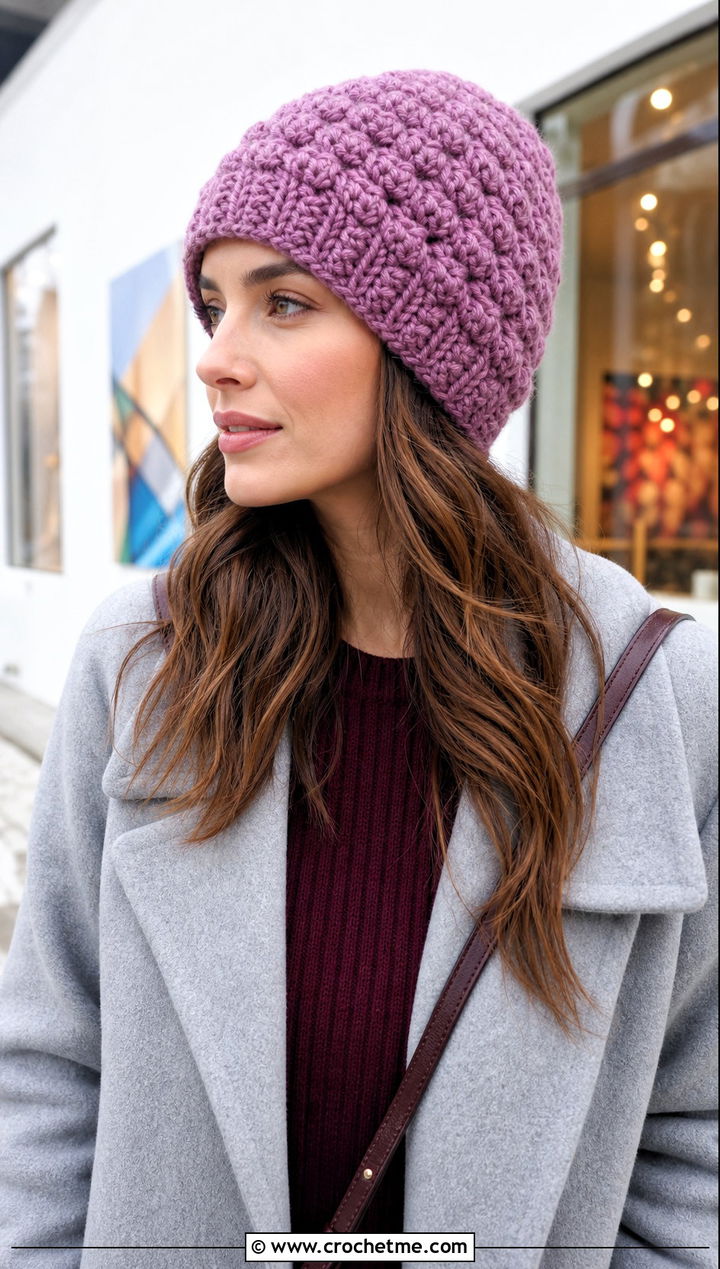 Puff Stitch Crochet Hat With Sweater Dress - 20 Warm Crochet Hat outfit ideas