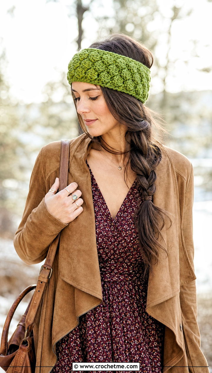 Puff Stitch Crochet Headband Ear Warmer With Boho Maxi Dress - 20 Crochet Headband Ear Warmer outfit ideas