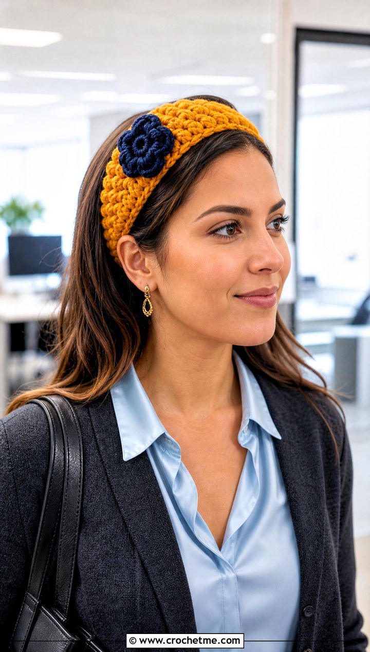 Puff Stitch Crochet Headband With Blue Flower And Pencil Skirt - 15 crochet headband with blue flower outfit ideas
