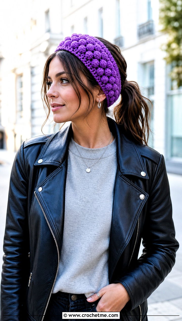 Puff Stitch Crochet Headband With Leather Jacket - 15 knit or crochet headbands outfit ideas