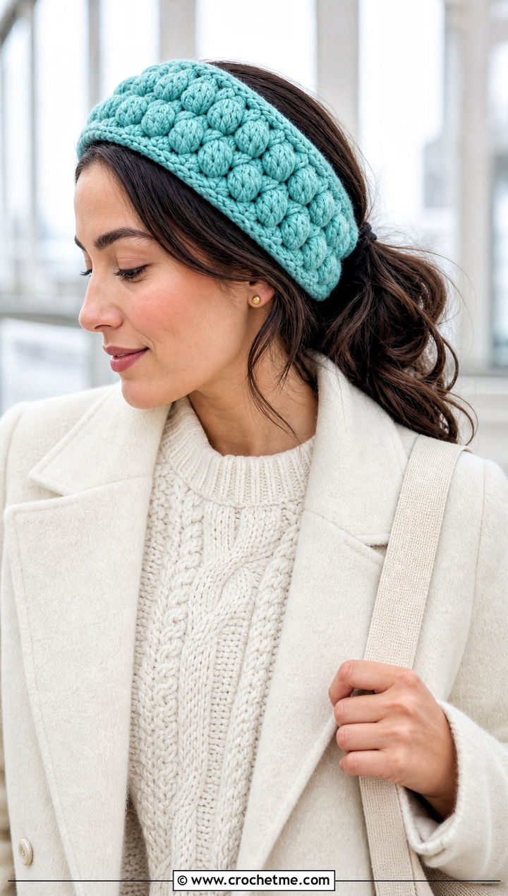 Puff Stitch Crochet Headband With Monochrome Knitwear - 25 Easy Crochet Winter Headband outfit ideas