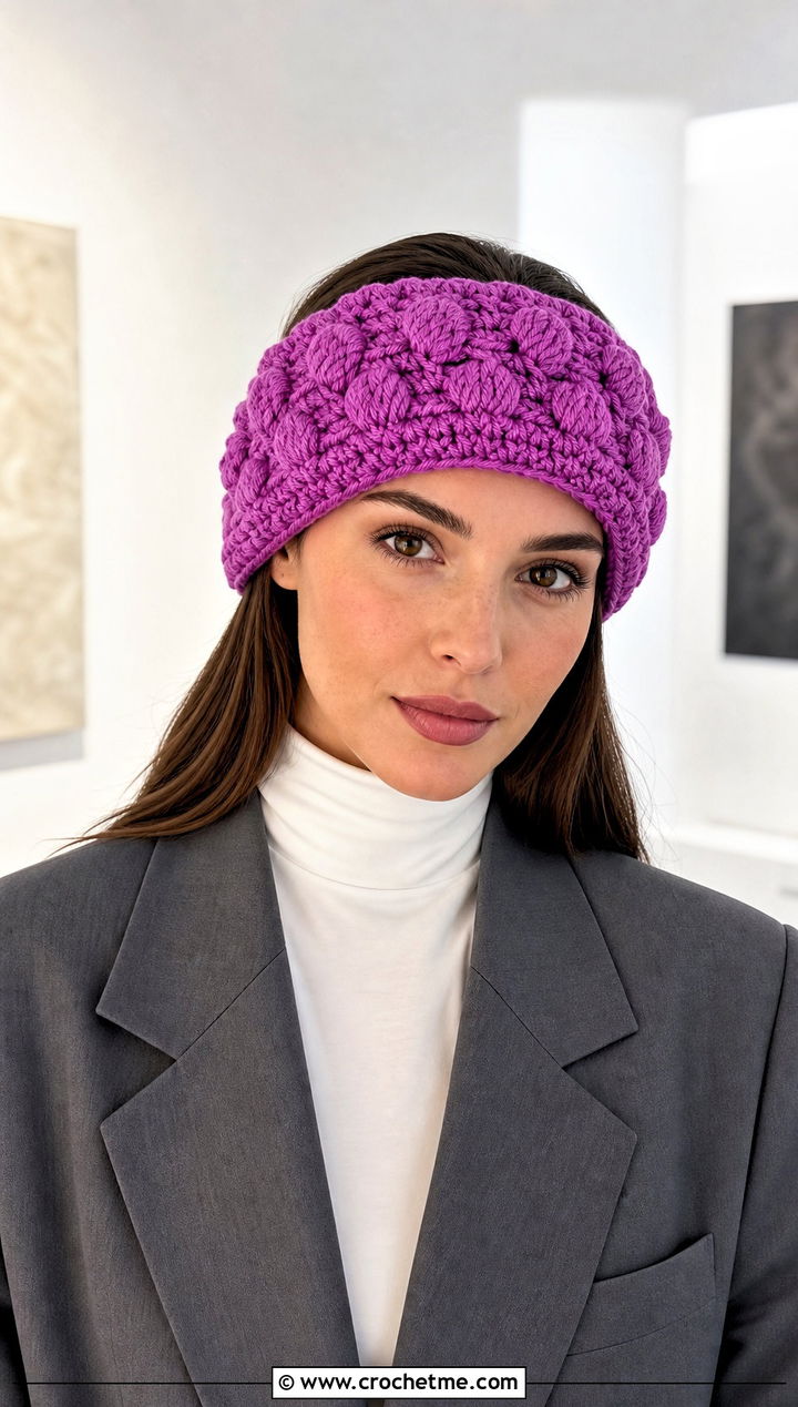 Puff Stitch Crochet Headband With Oversized Blazer - 30 crochet fall headband outfit ideas