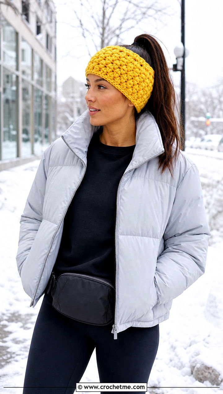 Puff Stitch Crochet Headband With Puffer Jacket And Leggings - 25 crochet for headbands outfit ideas