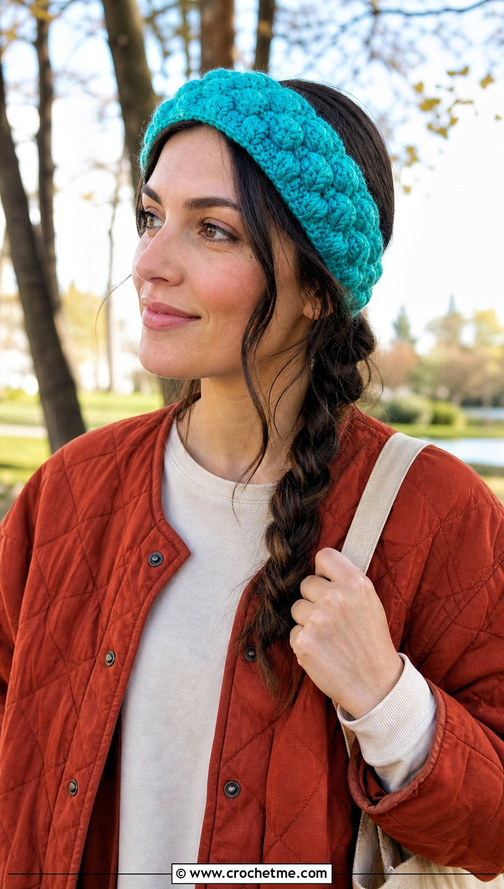 Puff Stitch Crochet Headband With Quilted Jacket - 30 crochet headband for women outfit ideas