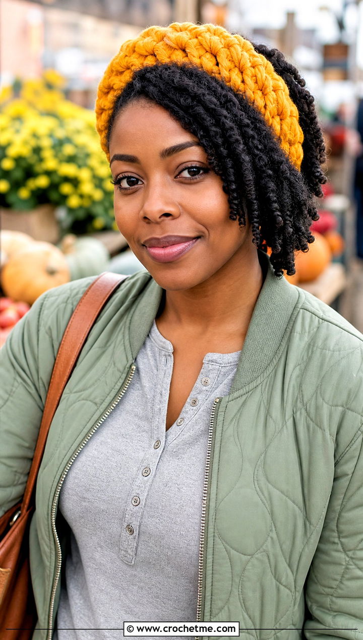 Puff Stitch Crochet Headband With Quilted Jacket - 30 crochet headband curly hair outfit ideas