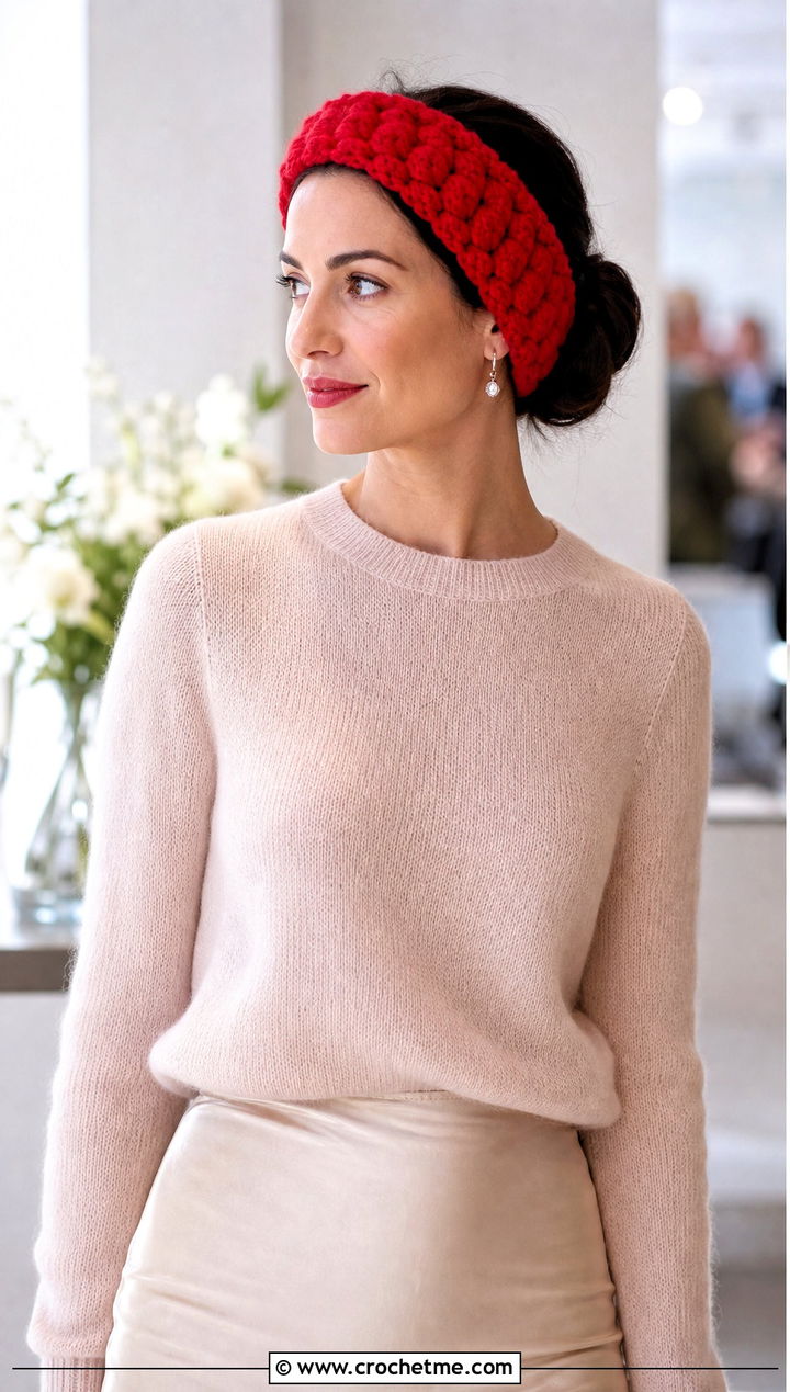 Puff Stitch Crochet Headband With Satin Skirt - 15 wool ease thick and quick crochet headband outfit ideas