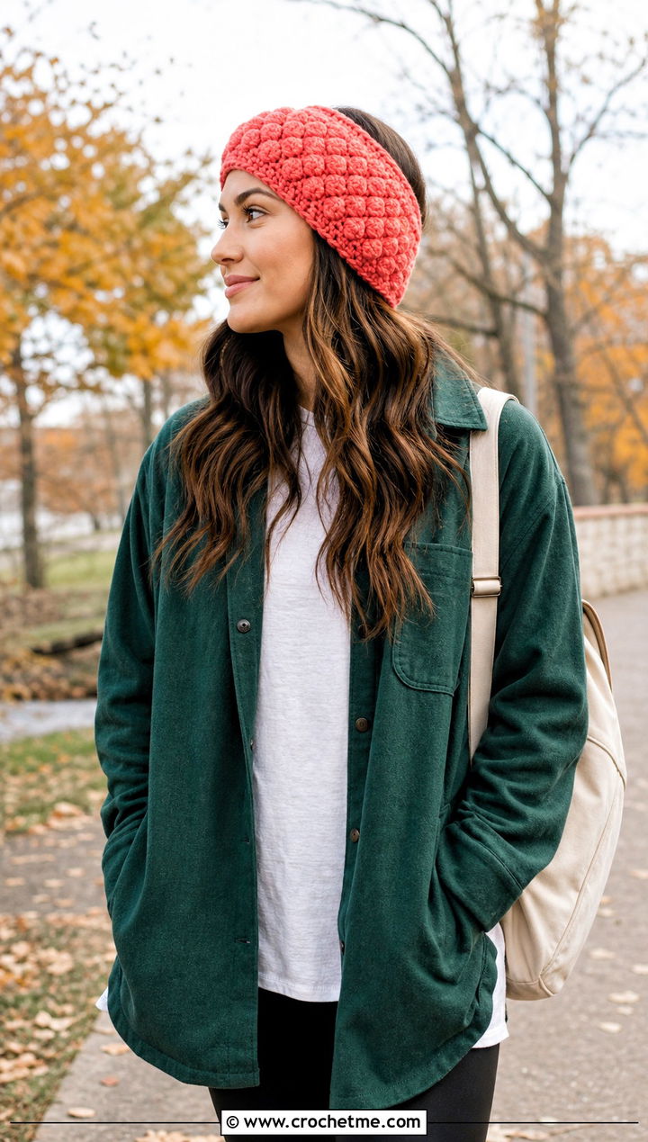 Puff Stitch Crochet Headband With Shacket And Leggings - 30 simple crochet head bands outfit ideas