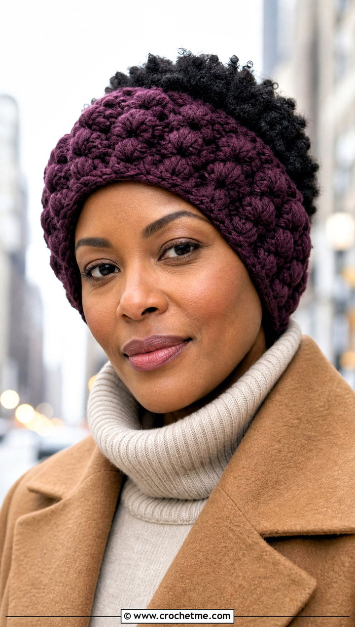 Puff Stitch Crochet Headband With Sweater Dress - 25 crochet headband for short hair outfit ideas