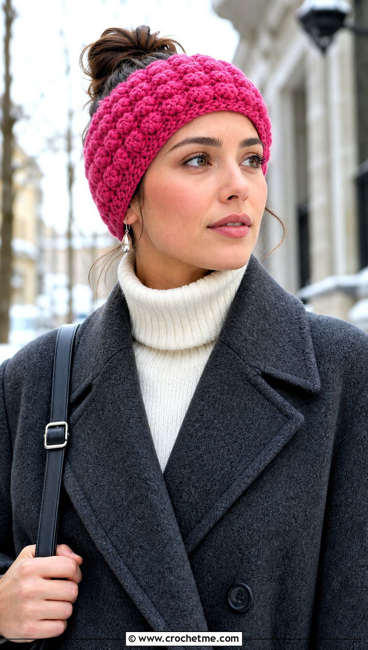 Puff Stitch Crochet Headband With Wool Coat - 30 quick crochet headband outfit ideas