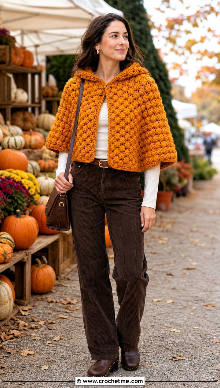 Puff Stitch Crochet Hooded Cape With Corduroy Pants - 35 crochet hooded cape outfit ideas