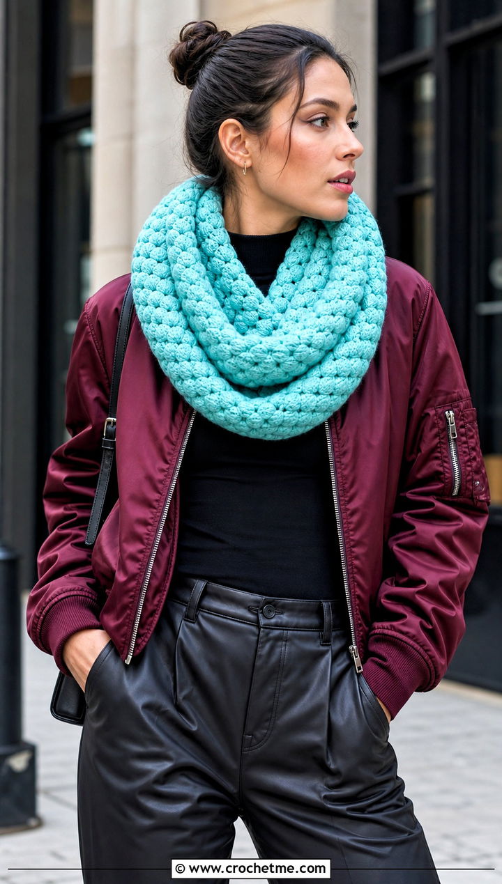 Puff Stitch Crochet Infinity Scarf With Bomber Jacket - 30 crochet infinity scarves outfit ideas