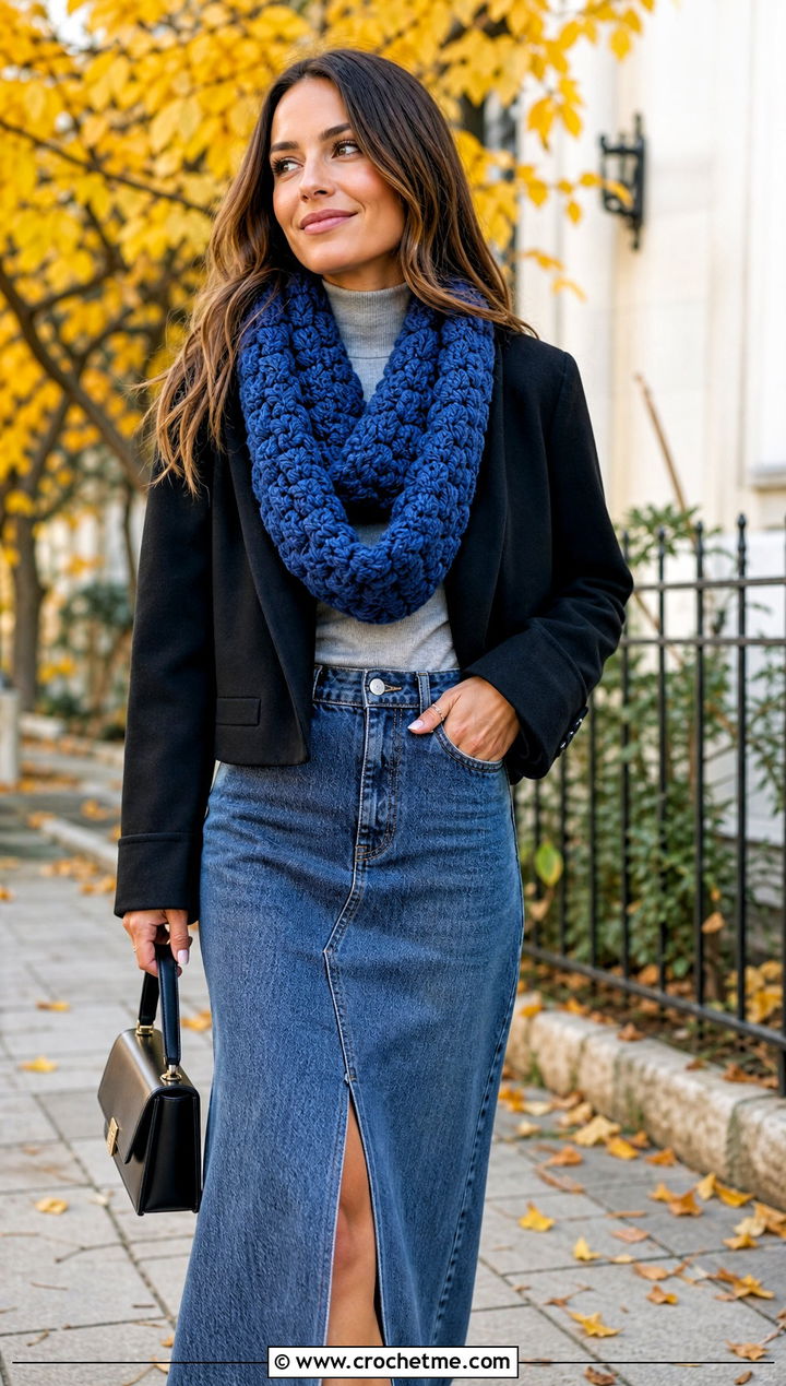 Puff Stitch Crochet Infinity Scarf With Denim Maxi Skirt - 25 infinite crochet scarf outfit ideas