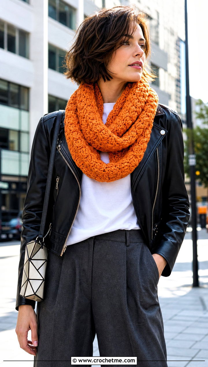 Puff Stitch Crochet Infinity Scarf With Leather Jacket - 15 Crochet Infinity Scarf On Hanger outfit ideas