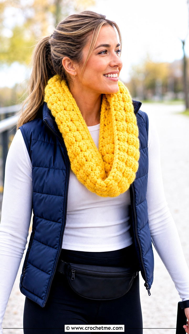Puff Stitch Crochet Infinity Scarf With Puffer Vest And Leggings - 15 Oversized Crochet Infinity Scarf outfit ideas
