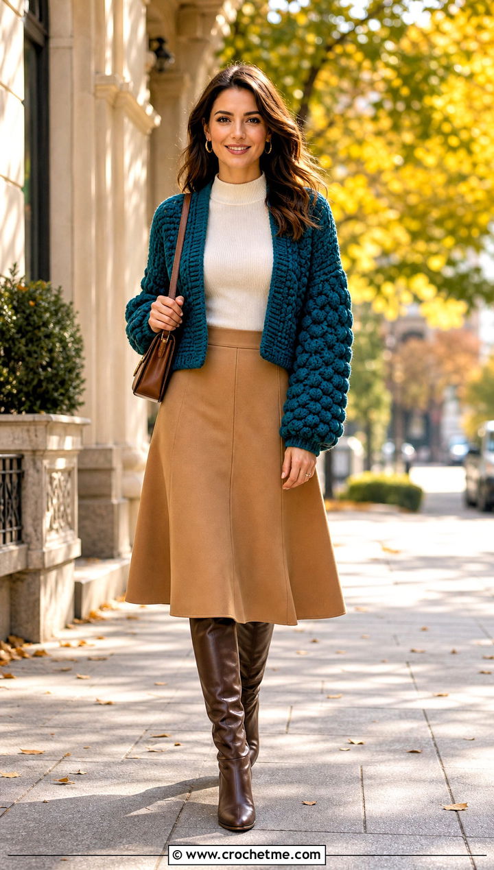 Puff Stitch Crochet Long Sleeve Shrug With Mock Neck Top And A Line Skirt - 30 crochet long sleeve shrug outfit ideas