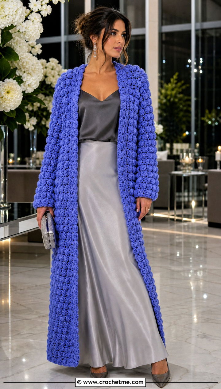 Puff Stitch Crochet Longline Cardigan With Evening Separates - 20 Crochet Longline Cardigan outfit ideas