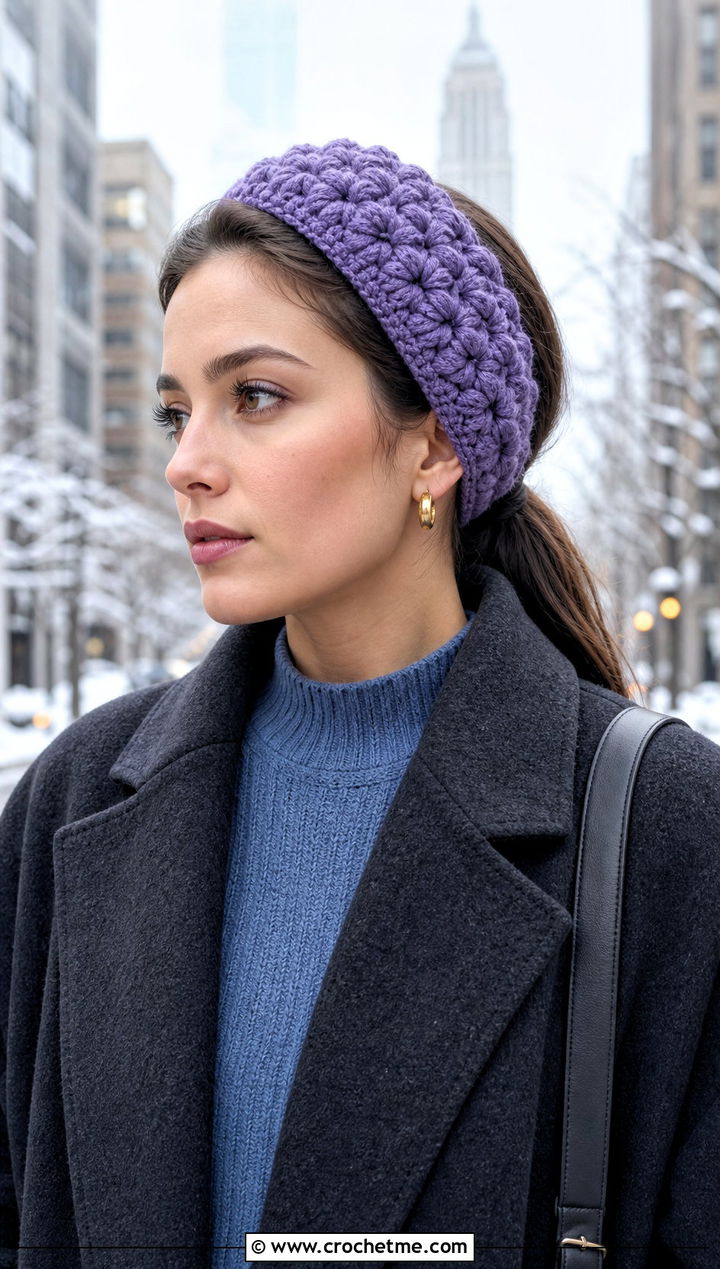 Puff Stitch Crochet Makeup Headband With Knit Dress And Boots - 25 Crochet Makeup Headband outfit ideas
