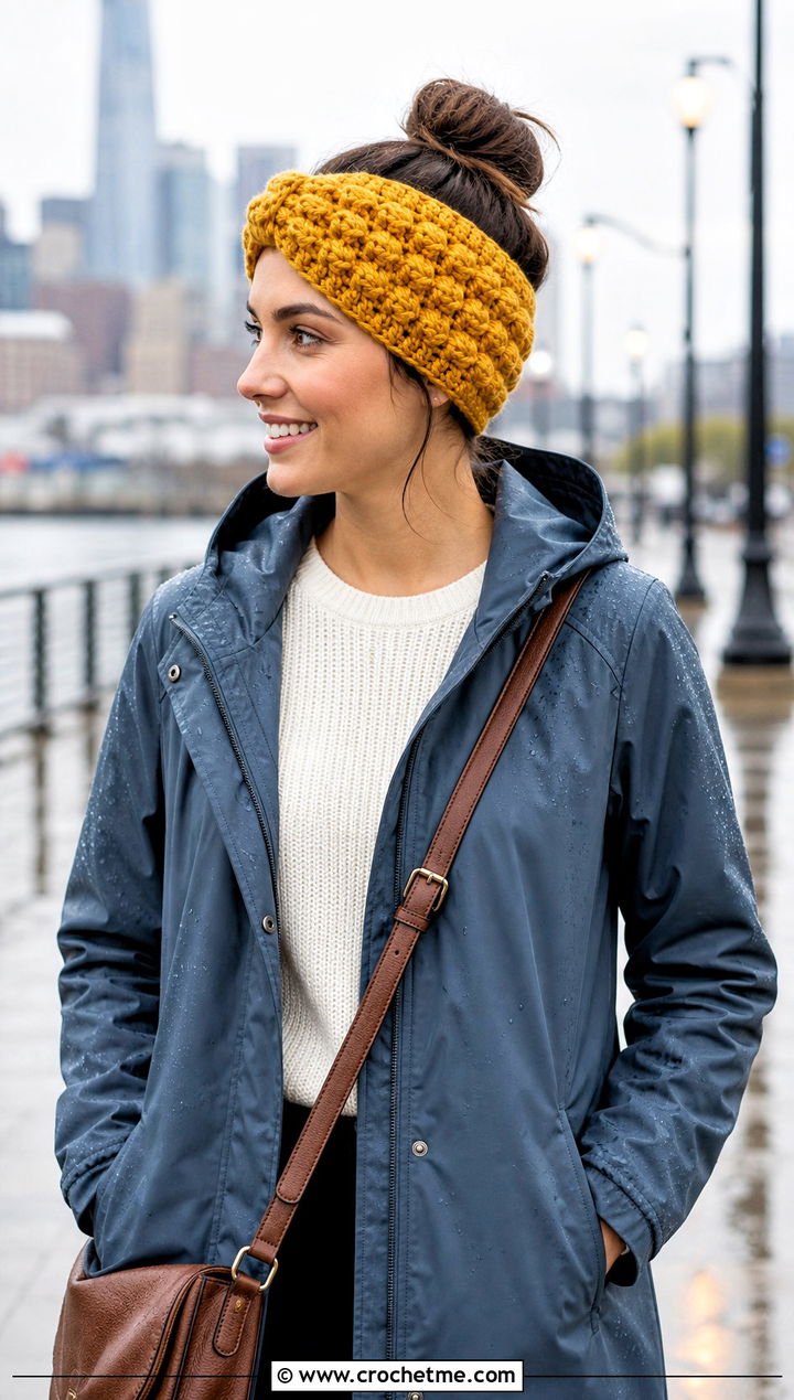 Puff Stitch Crochet Messy Bun Ear Warmer With Raincoat - 20 Crochet Messy Bun Ear Warmer outfit ideas