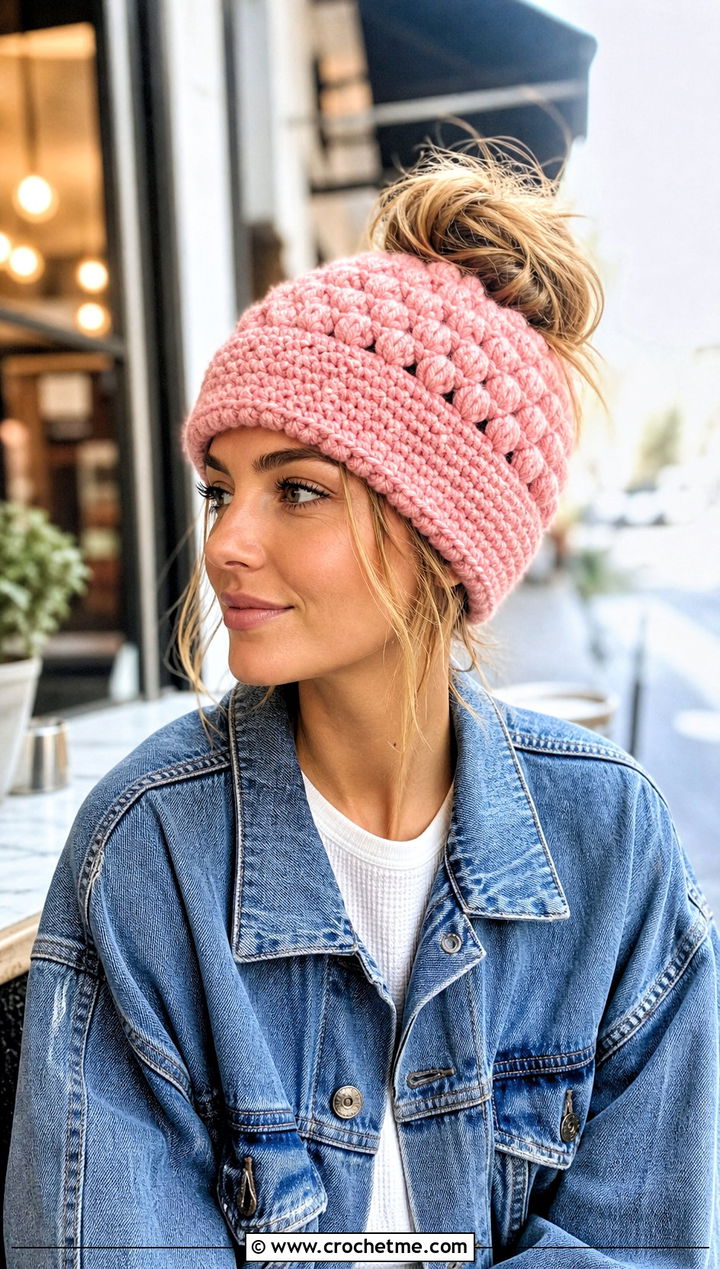Puff Stitch Crochet Messy Bun Hat With Denim Jacket - 20 Crochet Messy Bun Hat Bulky Yarn outfit ideas