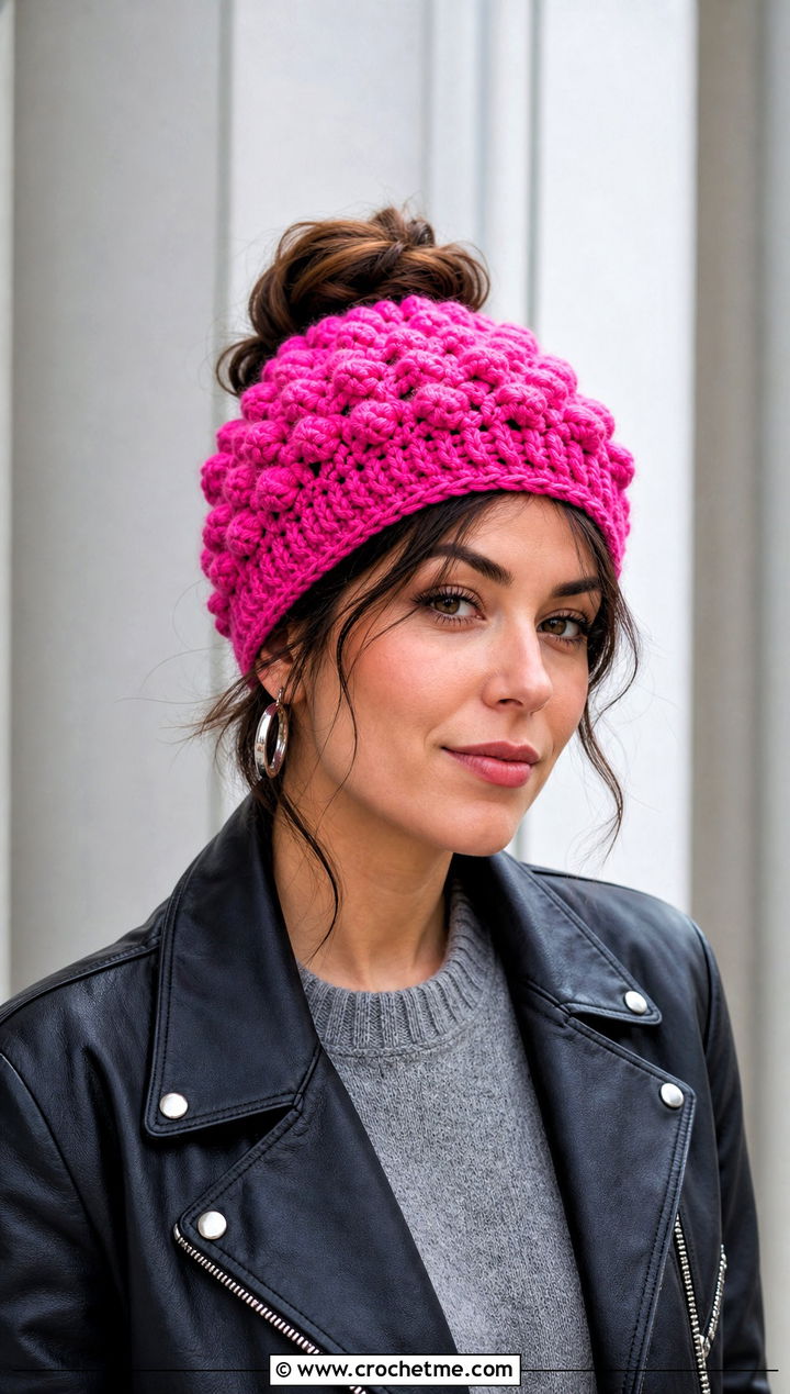 Puff Stitch Crochet Messy Bun Hat With Elastic And Leather Jacket - 25 Crochet Messy Bun Hat With Elastic outfit ideas