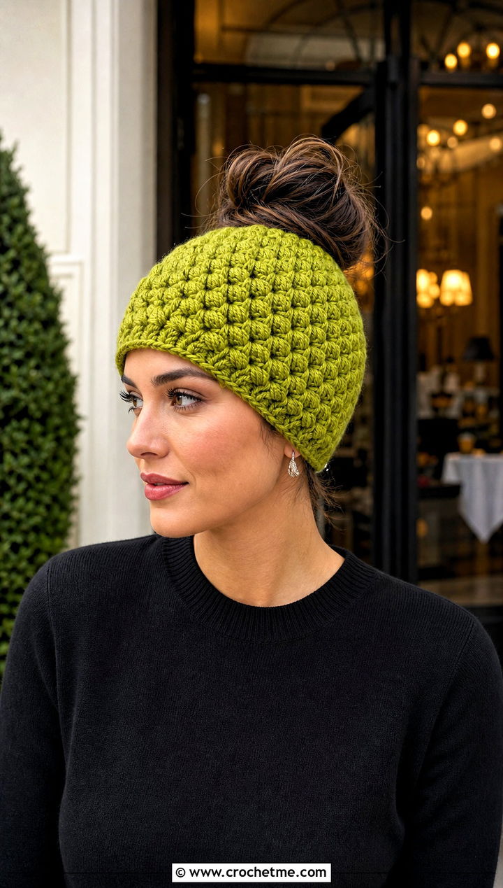 Puff Stitch Crochet Messy Bun Hat With Satin Skirt - 15 Easy Crochet Messy Bun Hat outfit ideas