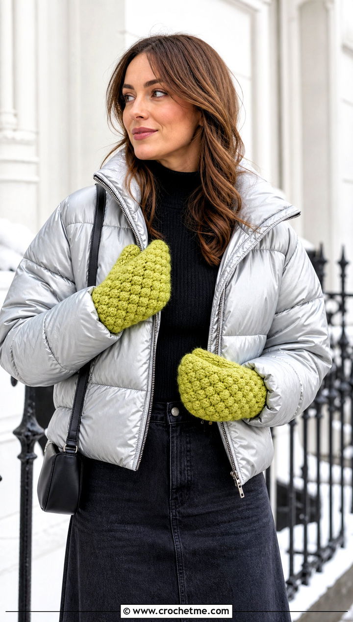 Puff Stitch Crochet Mittens With Cropped Puffer - 25 cute crochet mittens outfit ideas