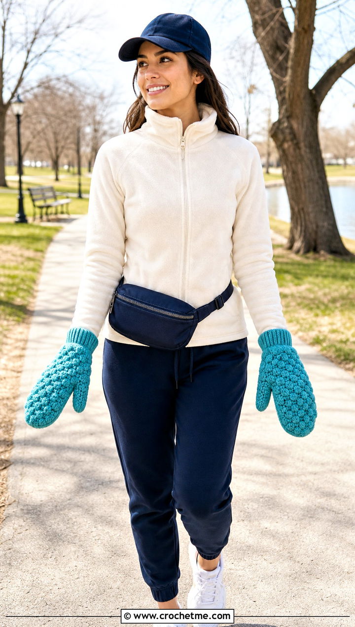 Puff Stitch Crochet Mittens With Fleece Jacket and Joggers - 25 Simple Crochet Mittens outfit ideas
