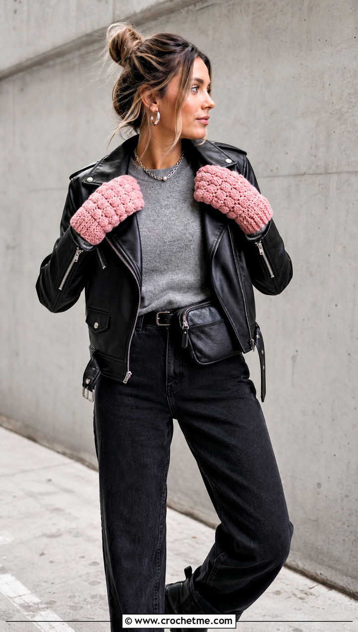 Puff Stitch Crochet Mittens With Leather Jacket - 25 quick crochet mittens outfit ideas