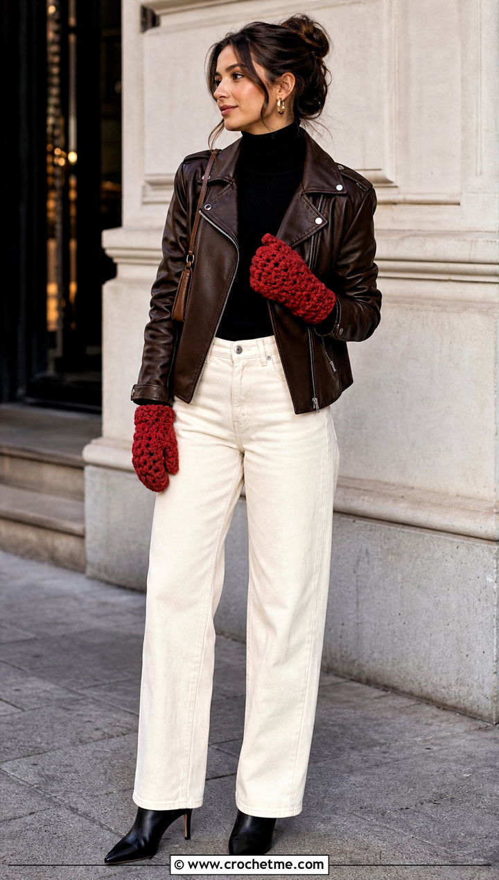 Puff Stitch Crochet Mittens With Leather Jacket - 35 easy crochet mittens for beginners outfit ideas